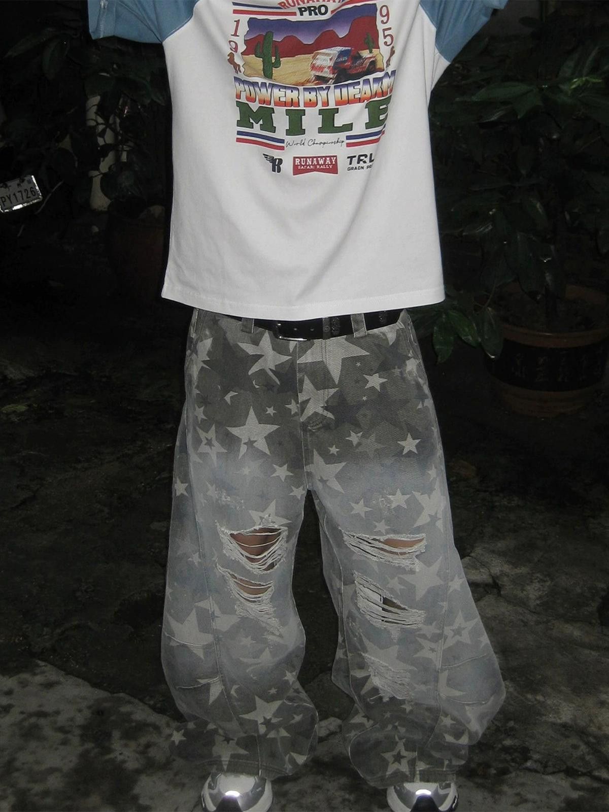Japanese Brand Gray Star Print Distressed Baggy Jeans, Relaxed Fit Size US 32 / EU 48 - 1 Thumbnail