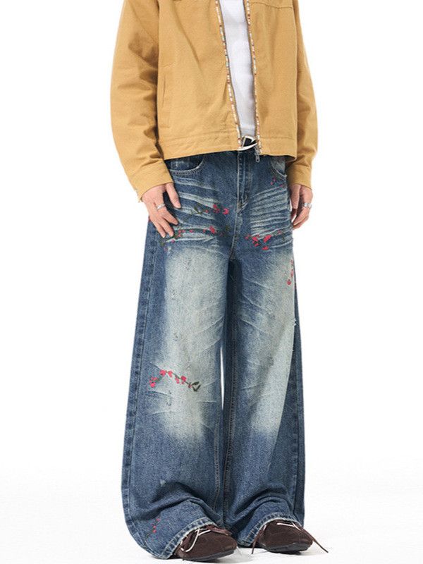 Vintage Men's embroidered floral retro high-street loose jeans Size US 32 / EU 48 - 4 Thumbnail