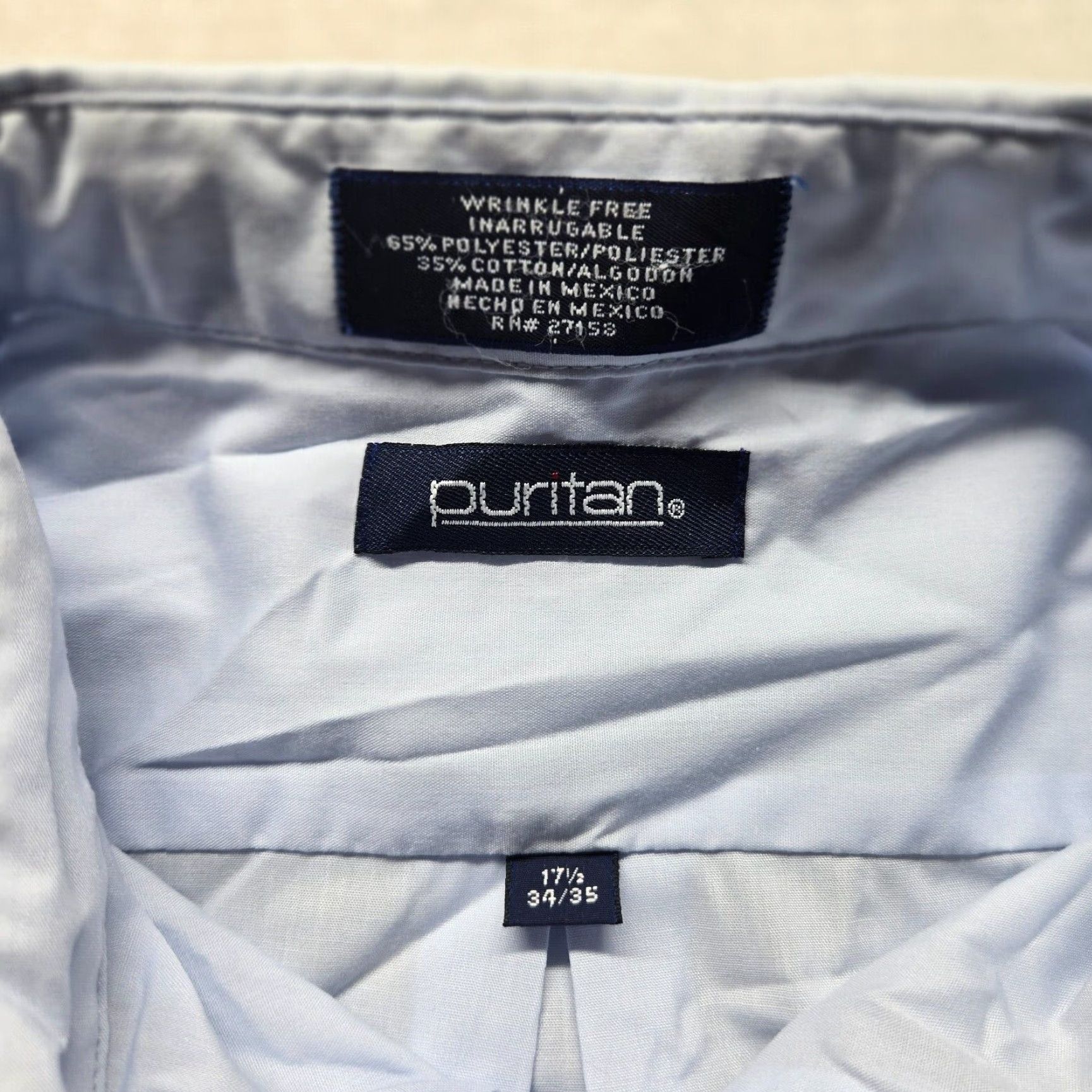Vintage Puritan Solid Blue Button Up Dress Shirt Long Sleeve Adult Size 17 34/35 Mens Size 46R - 3 Thumbnail