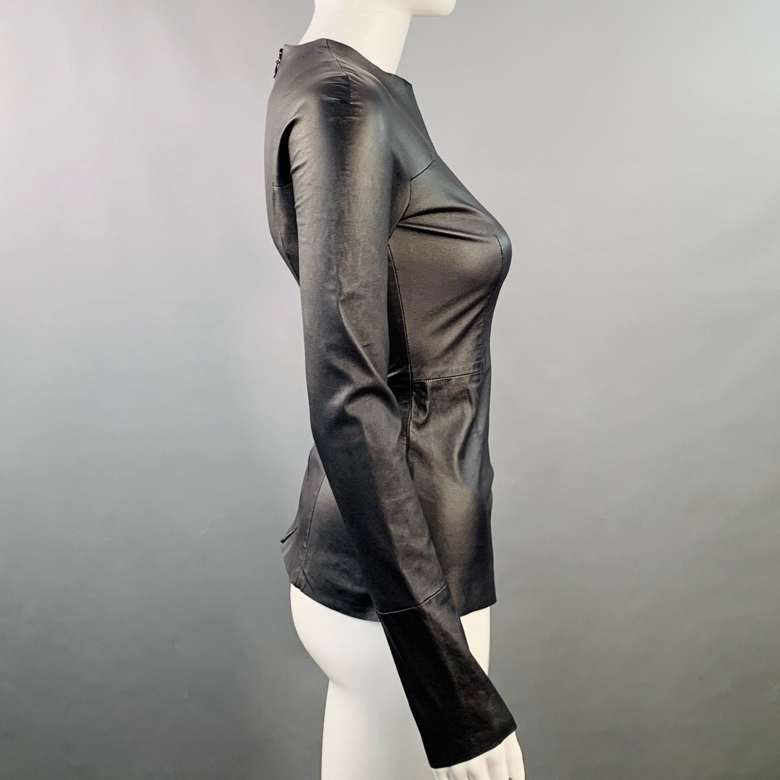 Black Lambskin Leather Long Sleeve Back Zipper Dress Top
