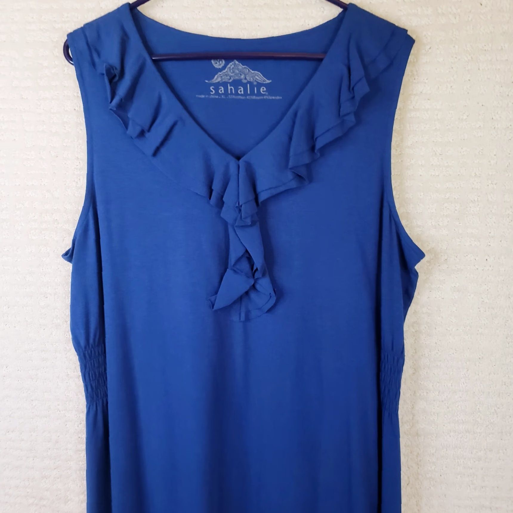 Vintage Sahalie Midi Dress XL Blue Sleeveless V-Neck Knit Cotton Modal Spandex Stretch Size XL / US 12-14 / IT 48-50 - 2 Thumbnail