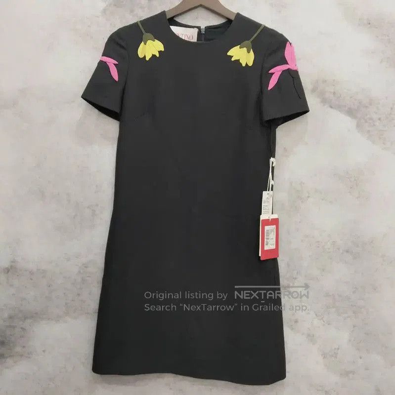 Valentino Short Sleeve Black Dress with Floral Detail .