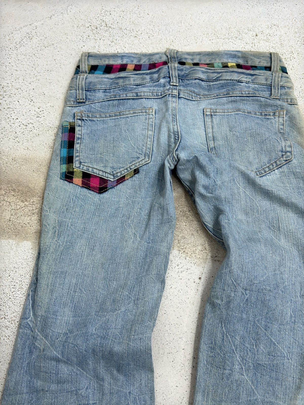 Hysteric Glamour Japanese Y2K Double Waist Plaid Patches Sun Faded Denim Size US 31 - 9 Thumbnail
