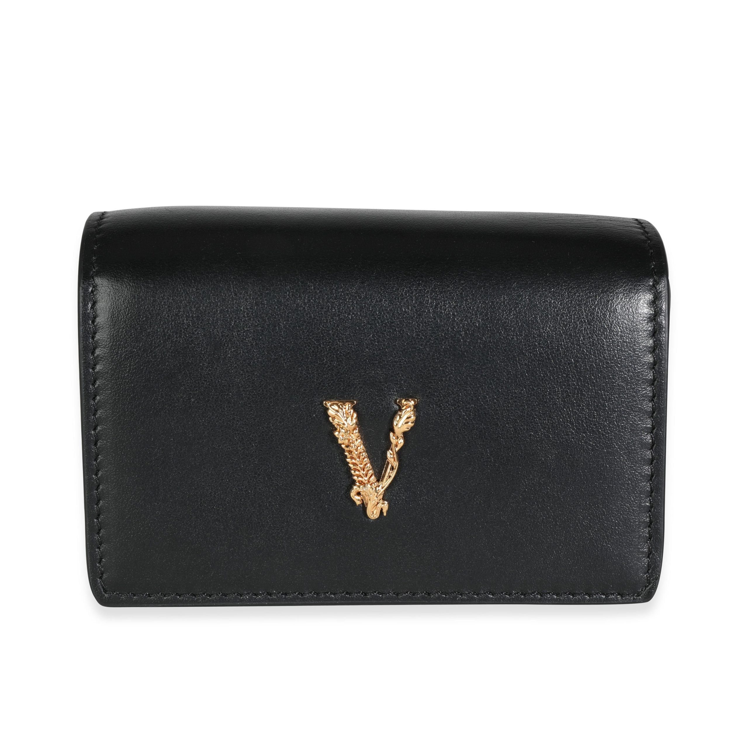 image of Versace Black Leather Virtus Mini Chain Wallet, Women's