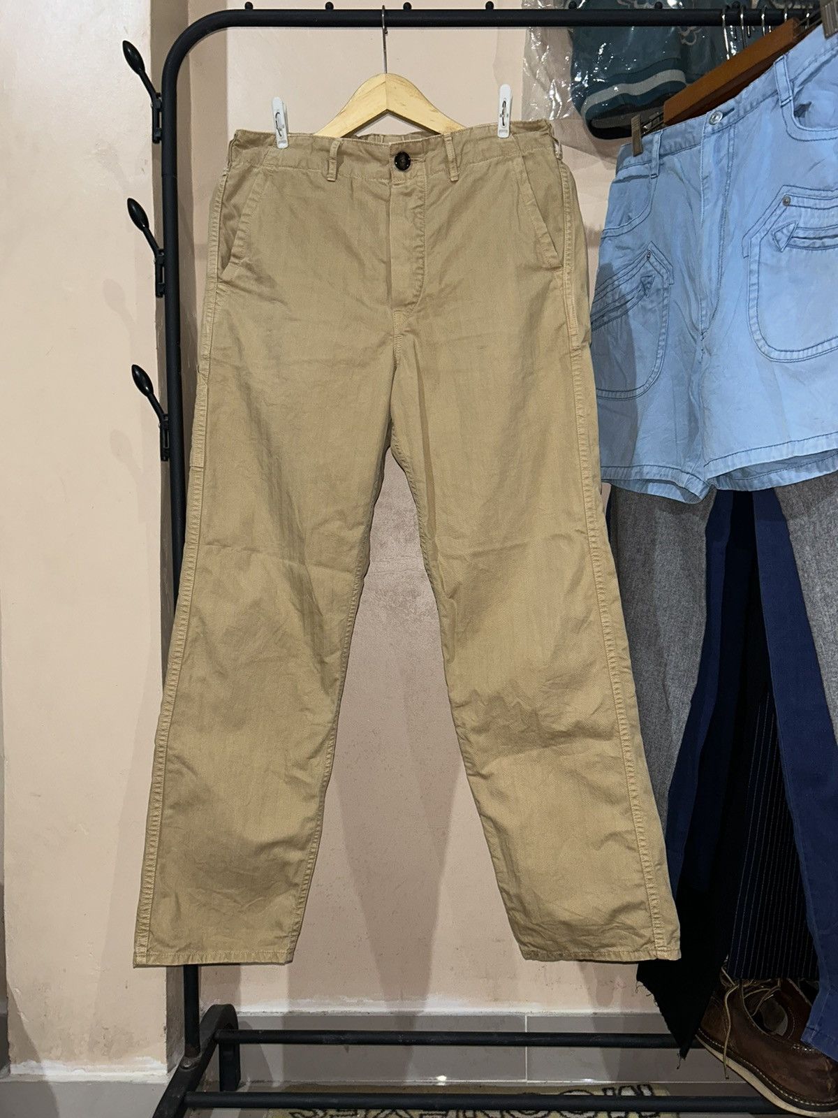 image of Orslow Or Slow Herringbone Carpenter Pants in Khaki, Men's (Size 30)