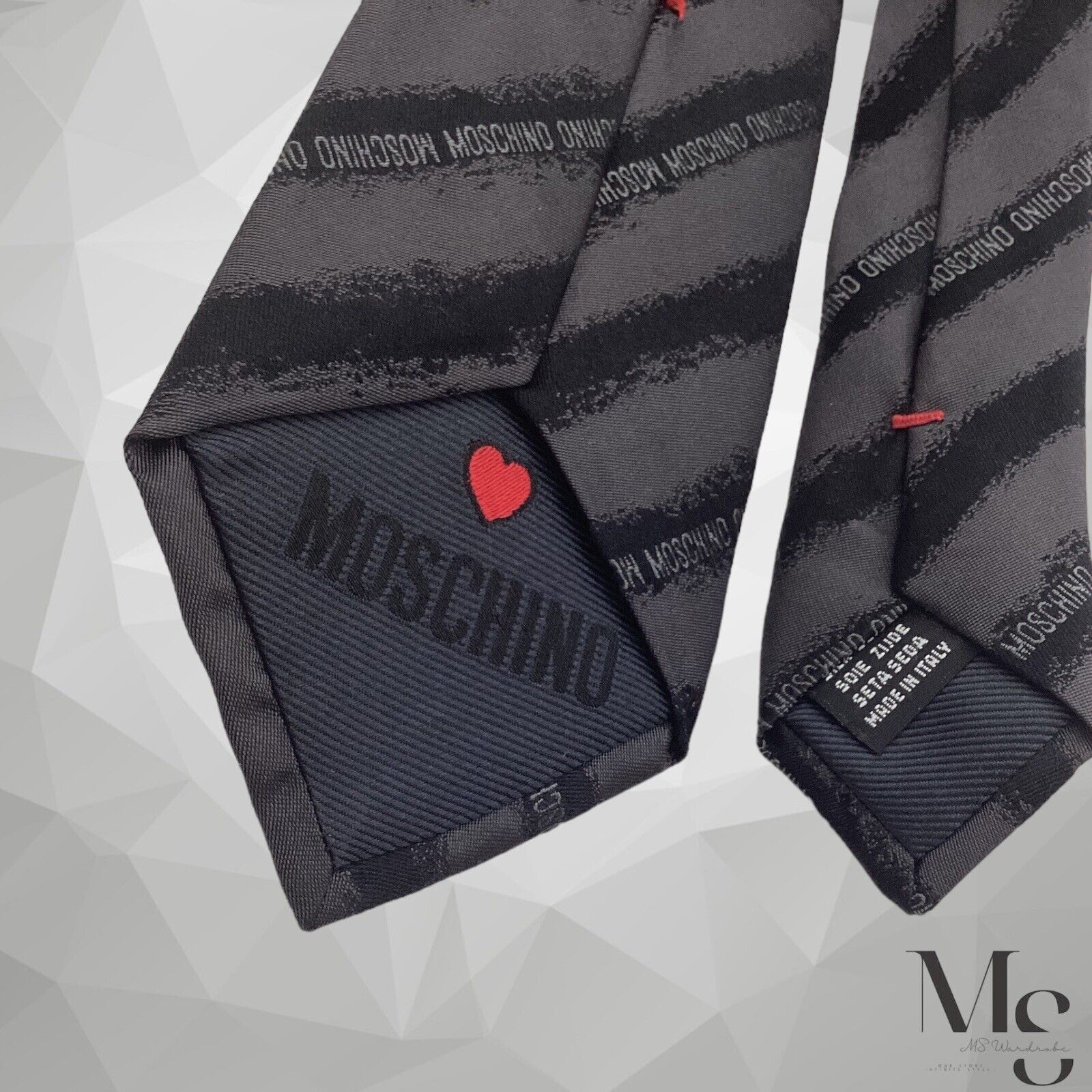 Moschino MOSCHINO Gray With Black Stripe Monogrammed Silk Tie Made In Size ONE SIZE - 5 Thumbnail