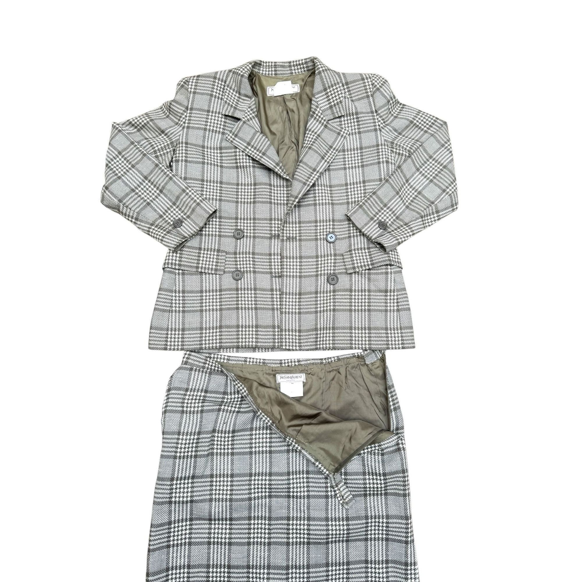 Yves Saint Laurent Brown Beige Checkered Skirt Suit Size L / US 10 / IT 46 - 2 Thumbnail