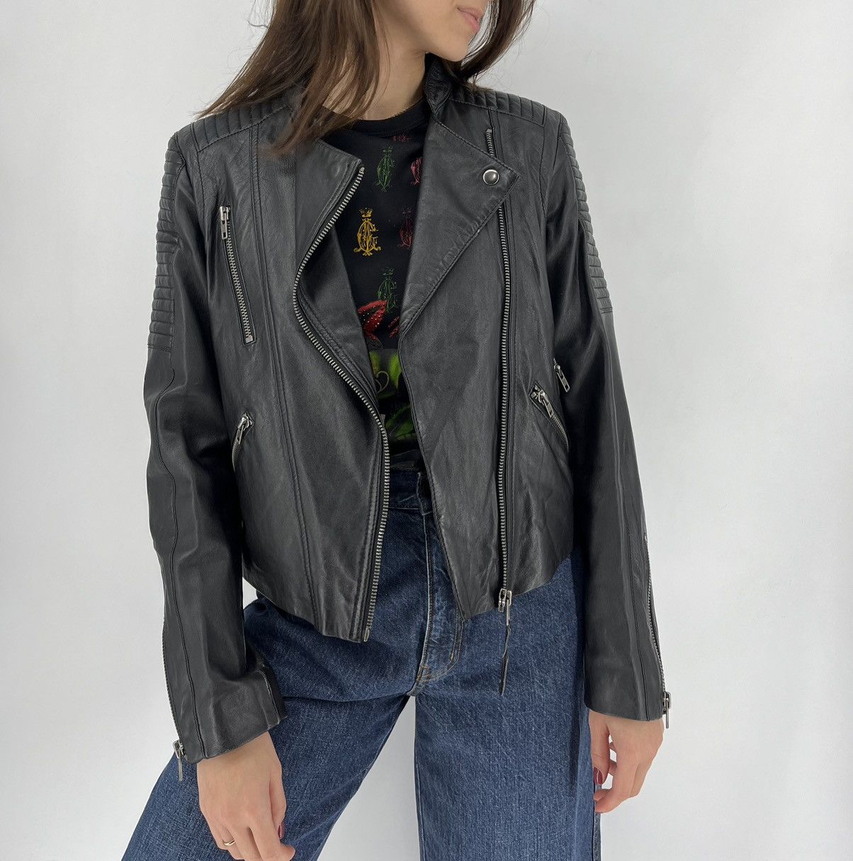 Leather × Mango Mango Black Leather Biker Jacket Racing Moto HONDA BMW Size S / US 4 / IT 40 - 1 Thumbnail