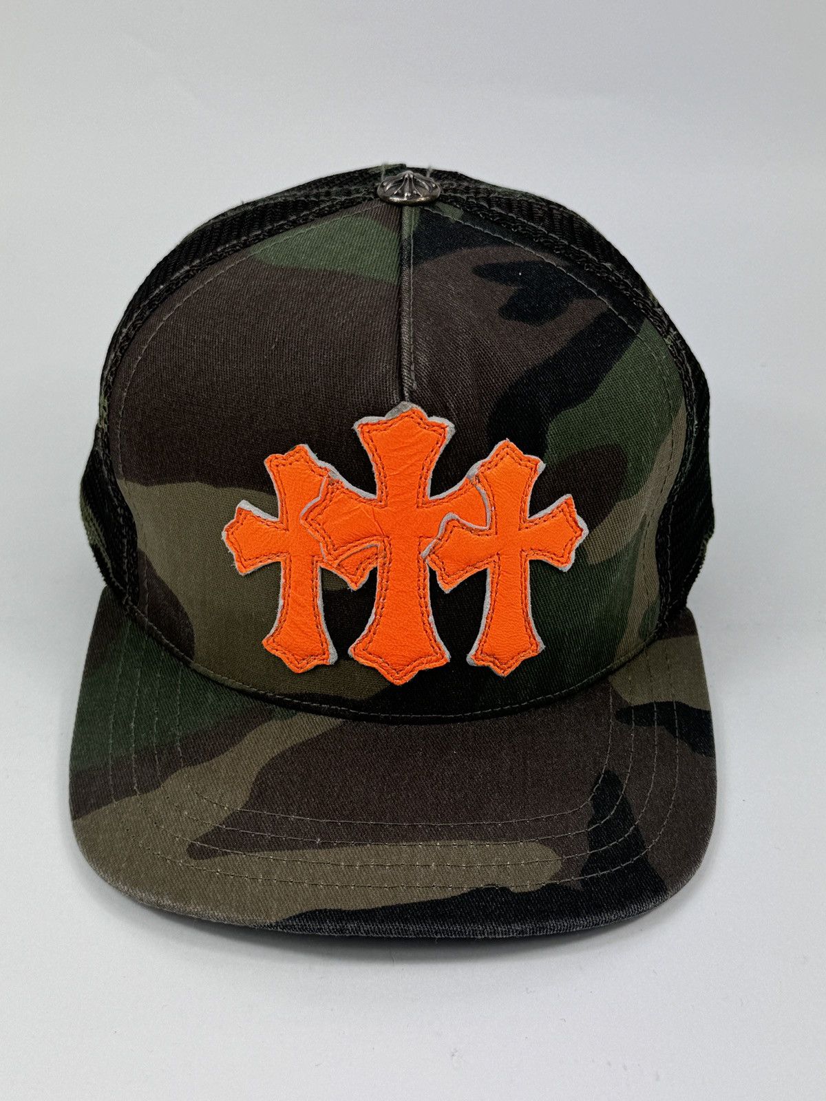 Chrome Hearts ORANGE CROSS LEATHER PATCH CAMOUFLAGE TRUCKER CAP ‼️RARE‼️ Size ONE SIZE - 1 Thumbnail