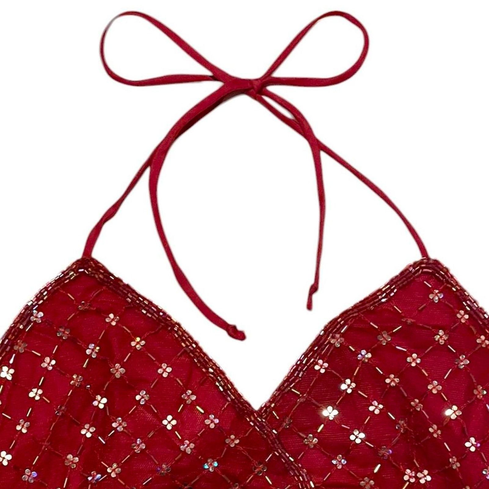Vintage Deadstock VTG y2k red sequin beaded backless halter top Size S / US 4 / IT 40 - 5 Thumbnail