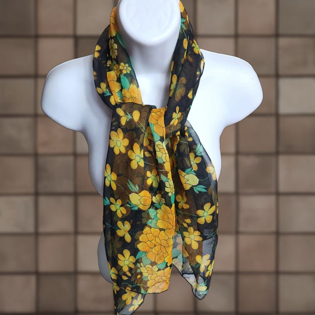 Vintage VINTAGE Scarf Womens Rectangle Black Orange Marigold 17"Wx58"L Chiffon Finished edges Green Yellow Size ONE SIZE - 1 Thumbnail