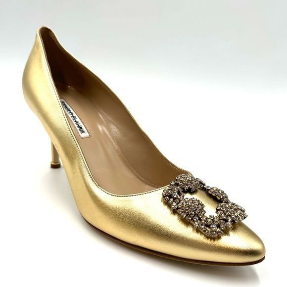 image of Manolo Blahnik Hangisi 70Mm Metallic Leather Pumps Shoes in Gold, Women's (Size 11)