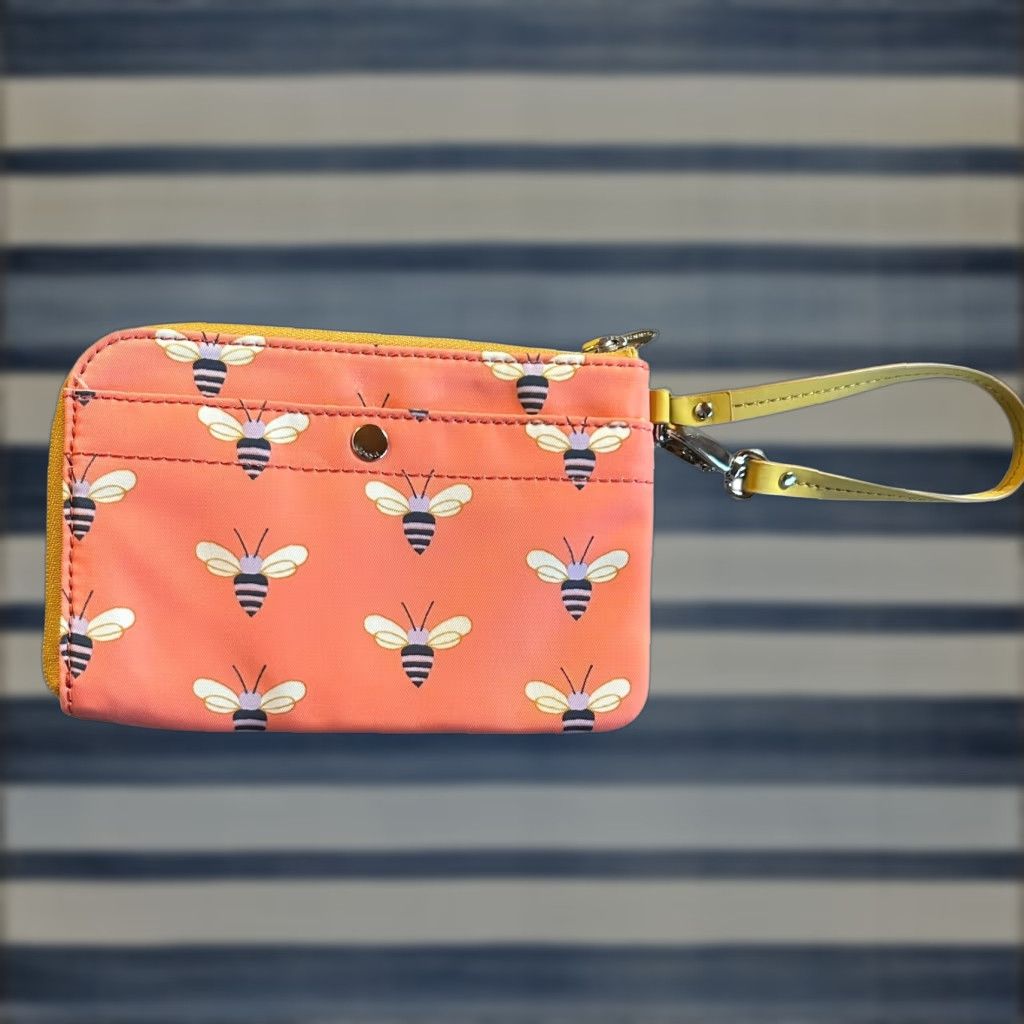 Fossil Fossil Wristlet Pink Purple Bumble Bees Print Zip Card Wallet Brown Strap Women Wristlet Size ONE SIZE - 1 Thumbnail