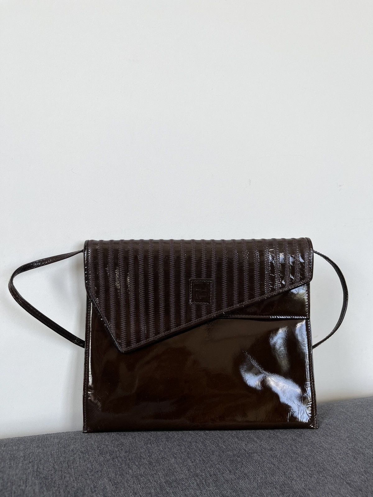 Vintage 80s Fendi Patent Leather Crossbody Bag Brown Flap
