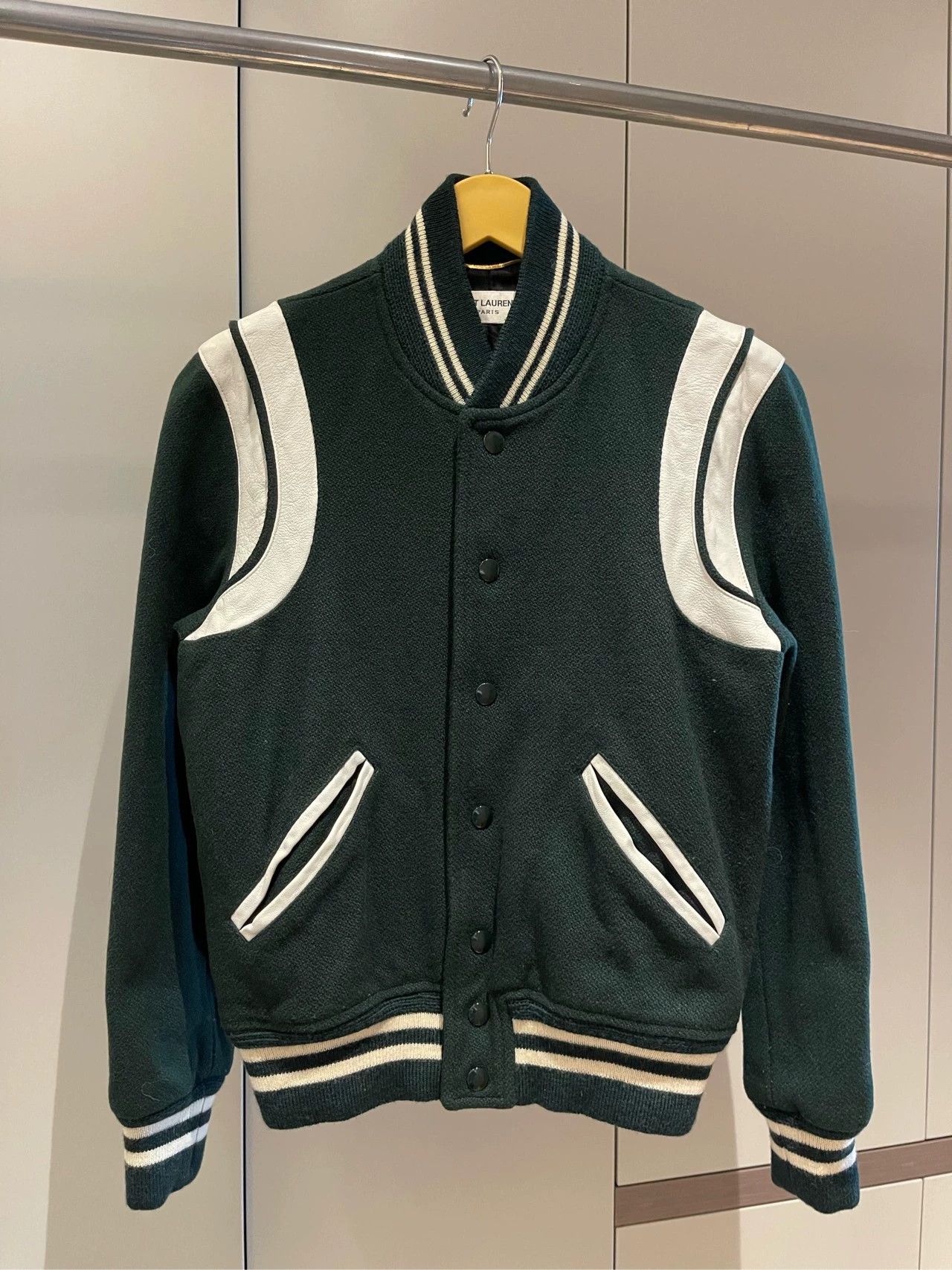 Saint Laurent Paris Saint Laurent Paris Dark green patchwork baseball jacket Size US XS / EU 42 / 0 - 1 Thumbnail
