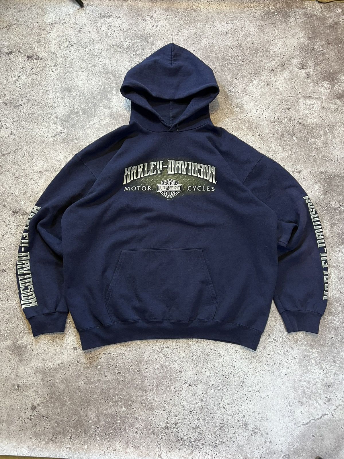 90s FADED Vintage Harley Davidson Motors Hoodie Blue Flame