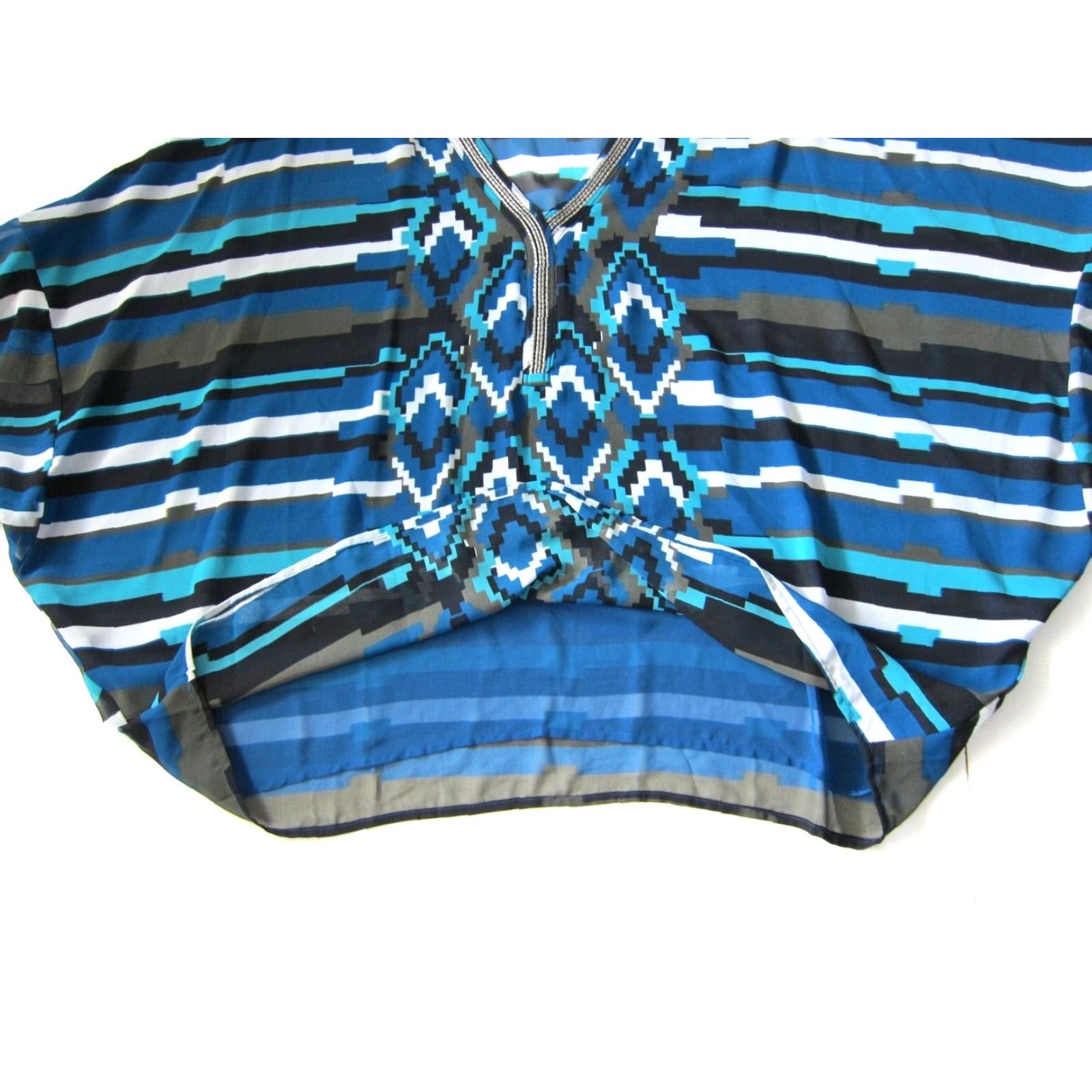 Vintage Lane Bryant Geometric Blouse Tunic 18/20 Blue Black Beaded Silver V-Neck Sheer 3/4 Sleeve Womens Size XXL / US 16-18 / IT 52-54 - 5 Thumbnail