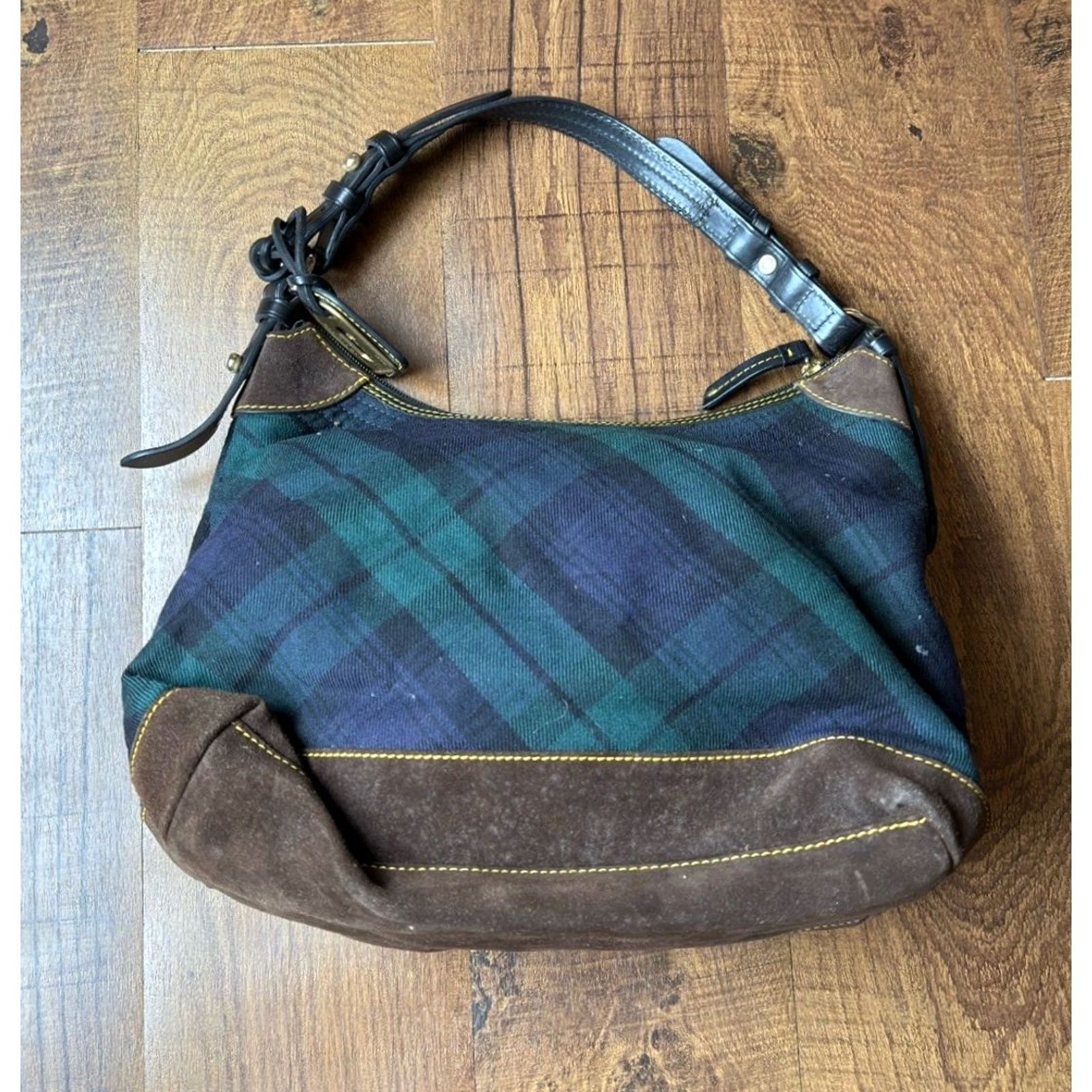 Dooney & Bourke VINTAGE Dooney & Bourke Wool black watch Tartan Plaid Shoulder Bag Leather Suede - READ Women Large Green Navy Hobo Size ONE SIZE - 2 Thumbnail
