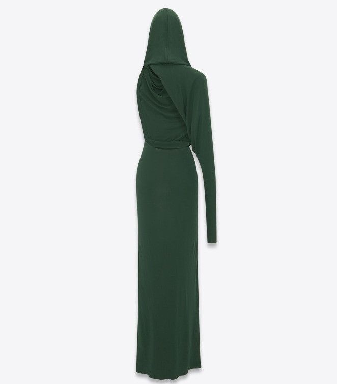Saint Laurent Paris o1s1wg111024 Hooded Dress in Crepe Jersey in Green Size S / US 4 / IT 40 - 4 Thumbnail
