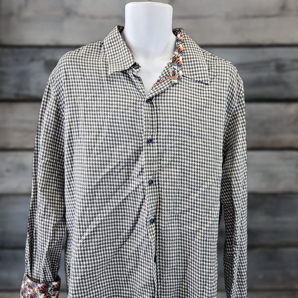 Robert Graham Robert Graham Mens Button Front Shirt XL Gray Houndstooth Multicolor Cotton Long Sleeve Size XL Mens Size US XL / EU 56 / 4 - 1 Thumbnail