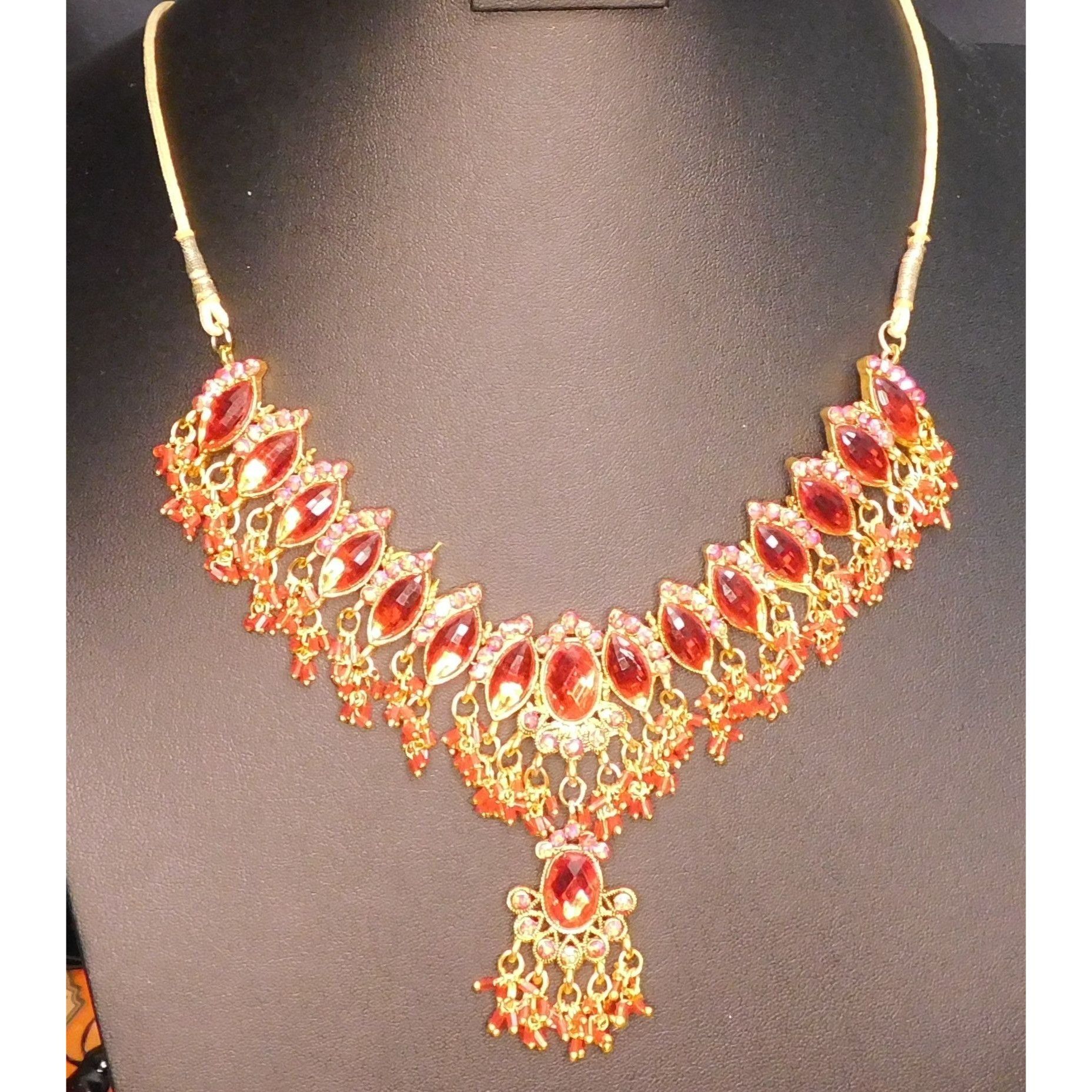Other Indian Bridal Necklace Red Gem On Gold Tone Metal And Cord Size ONE SIZE - 1 Thumbnail