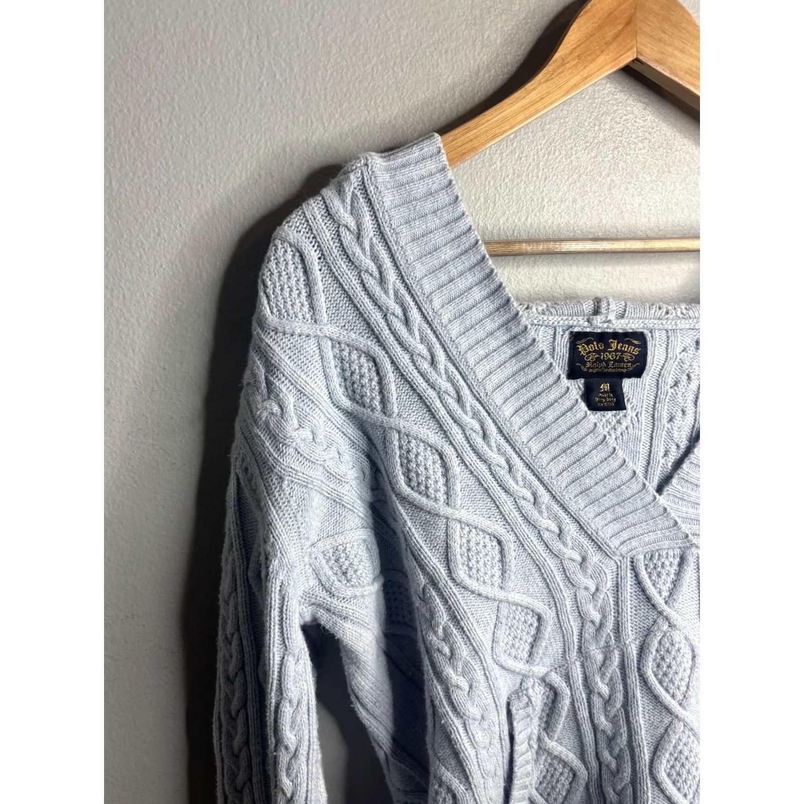 Vintage Polo Jeans Co. Ralph Lauren Sweater Womens Medium Blue Cable Knit Hooded V Neck pullover casual Size M / US 6-8 / IT 42-44 - 2 Thumbnail