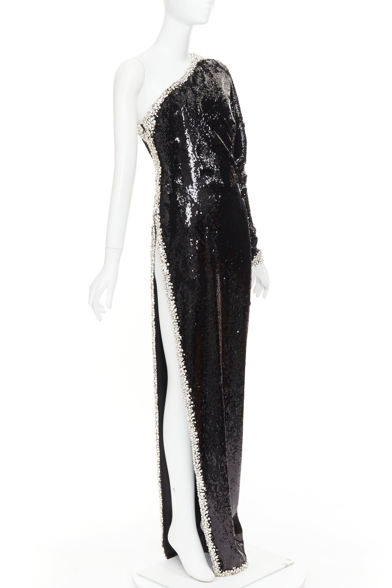 Alexandre Vauthier ALEXANDRE VAUTHIER COUTURE SS2021 black sequin silver crystal bordered one shoulder dress Size S / US 4 / IT 40 - 1 Thumbnail
