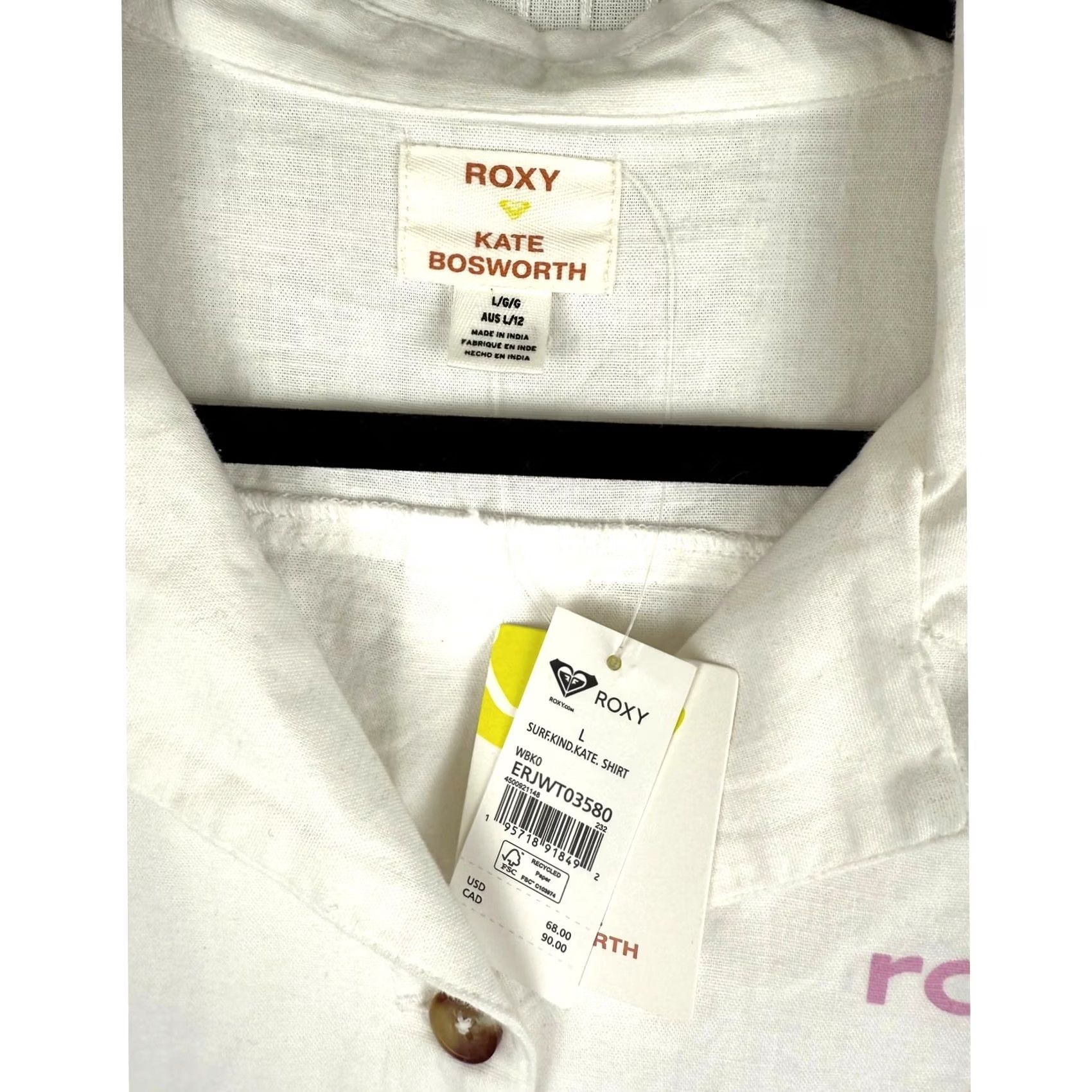 Vintage ROXY x Kate Bosworth Cotton Blend Button-Up Shirt - White - L - Women - Short Sleeve - NWT Size 36" / US 14 / IT 50 - 4 Thumbnail