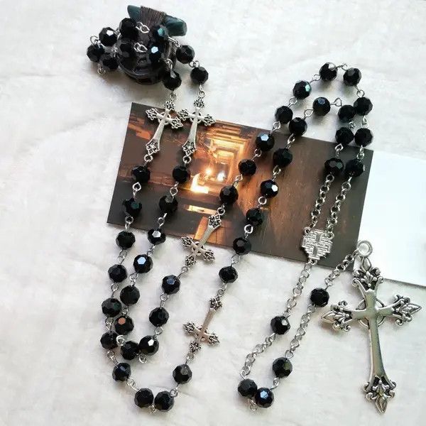 Jewelry Black Crystal Rosary Necklace Long Cross Pendant Size ONE SIZE - 3 Thumbnail