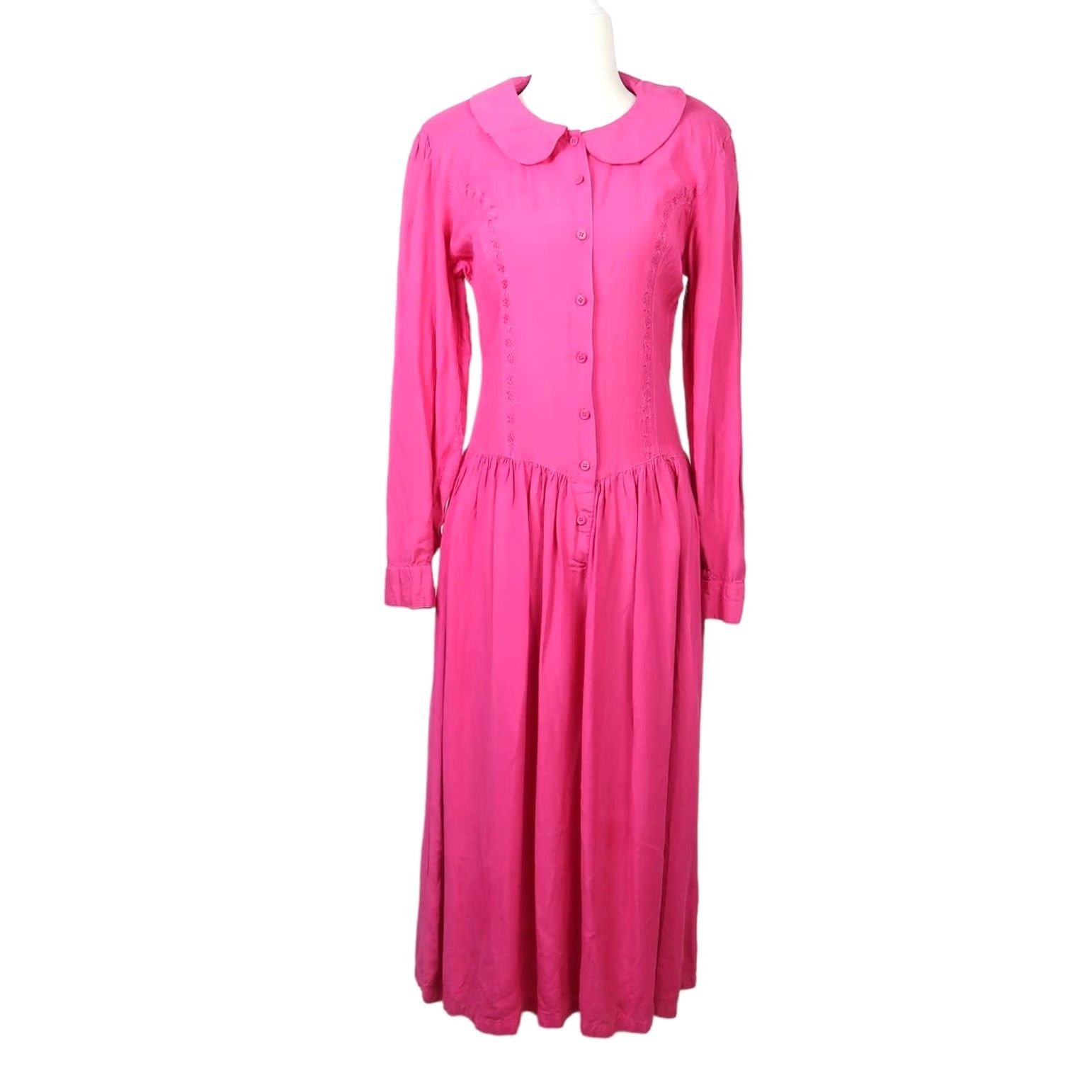 Vintage VINTAGE Passports Dress Collared Midi A-Line Drop Waist Hot Pink Long Sleeve Rayon 80s L Womens Size L / US 10 / IT 46 - 2 Thumbnail
