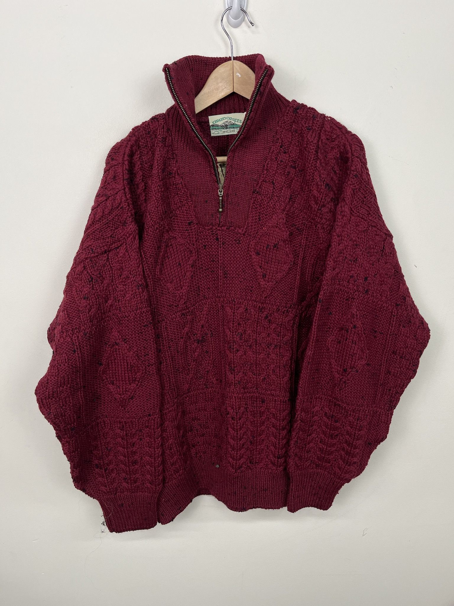 Vintage Deadstock NWT Aran Craft Maroon Wool Quarterzip 3D Knit Sweater Size L