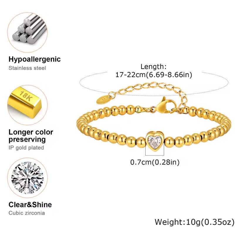 Other Cubic Zirconia Heart Stainless Steel Chain Bracelet Size ONE SIZE - 2 Thumbnail