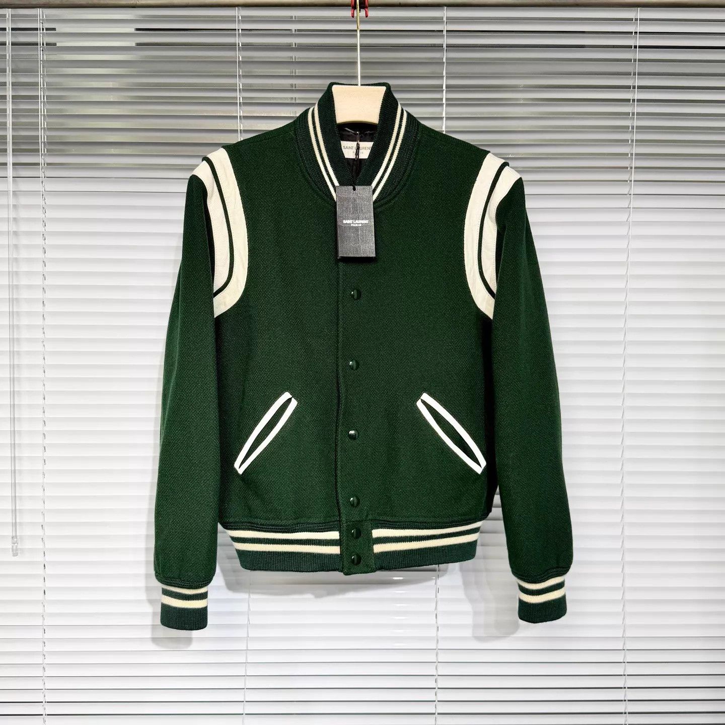 Saint Laurent Paris SLP Baseball Jacket Green Wool Leather 50 Size US M / EU 48-50 / 2 - 1 Thumbnail