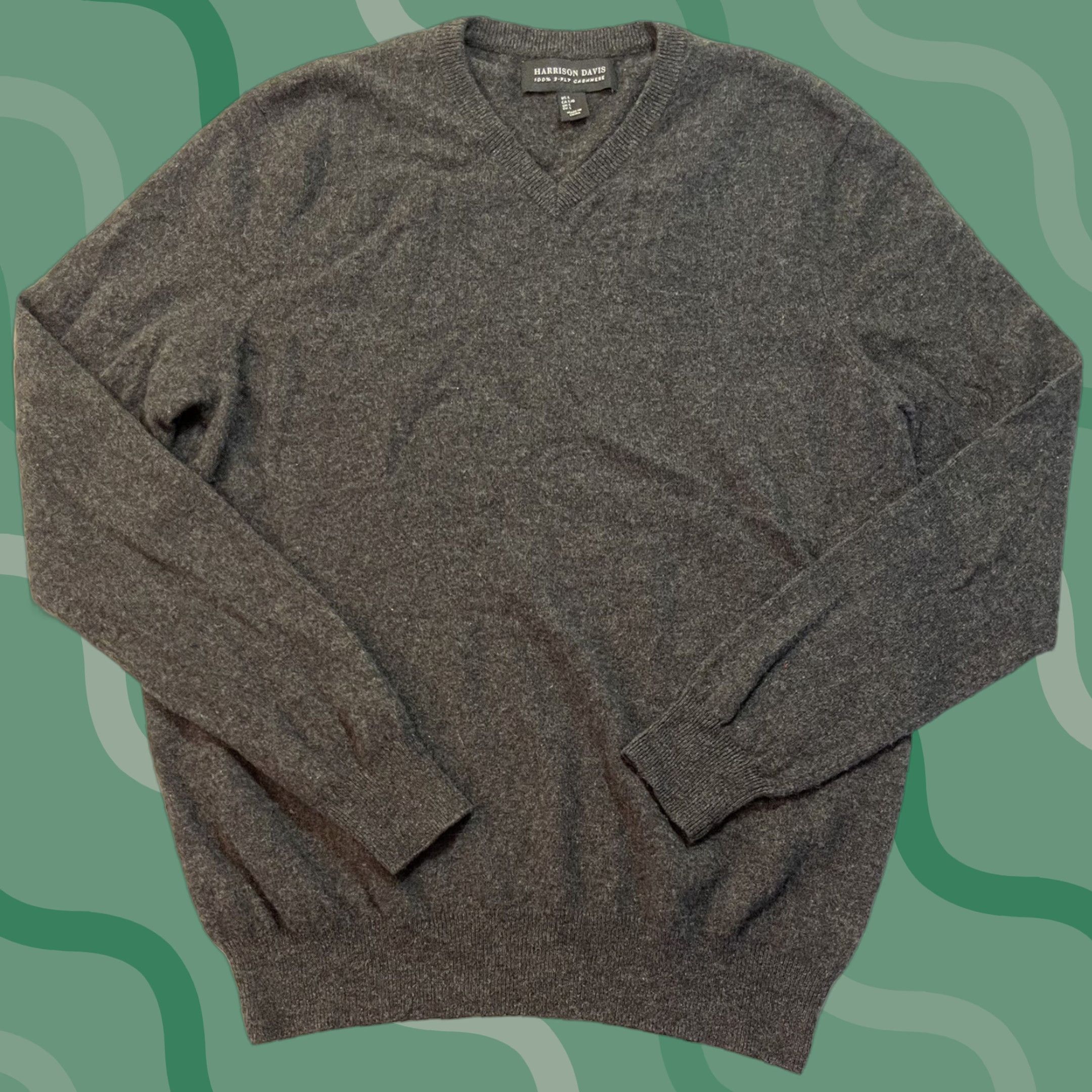 Harrison Davis Sweater Mens L Charcoal 100% Cashmere V-Neck Designer Casual Pullover