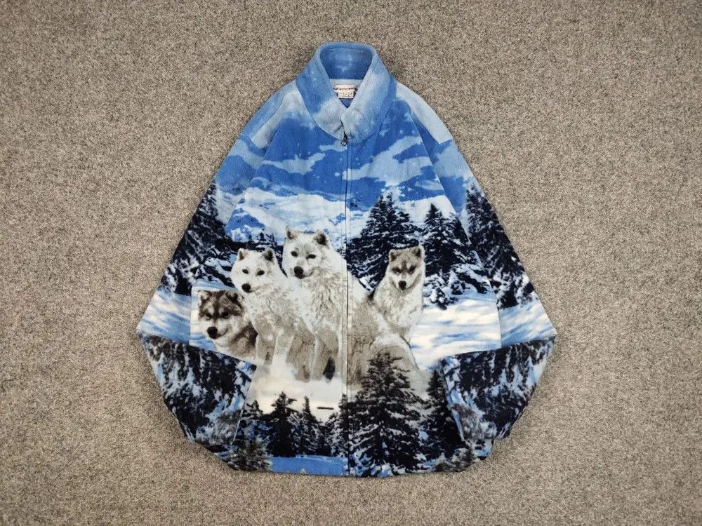Japanese Brand Vintage 90's Fleece Zip Jacket Over Art Winter Wolf Hype Size US M / EU 48-50 / 2 - 1 Thumbnail