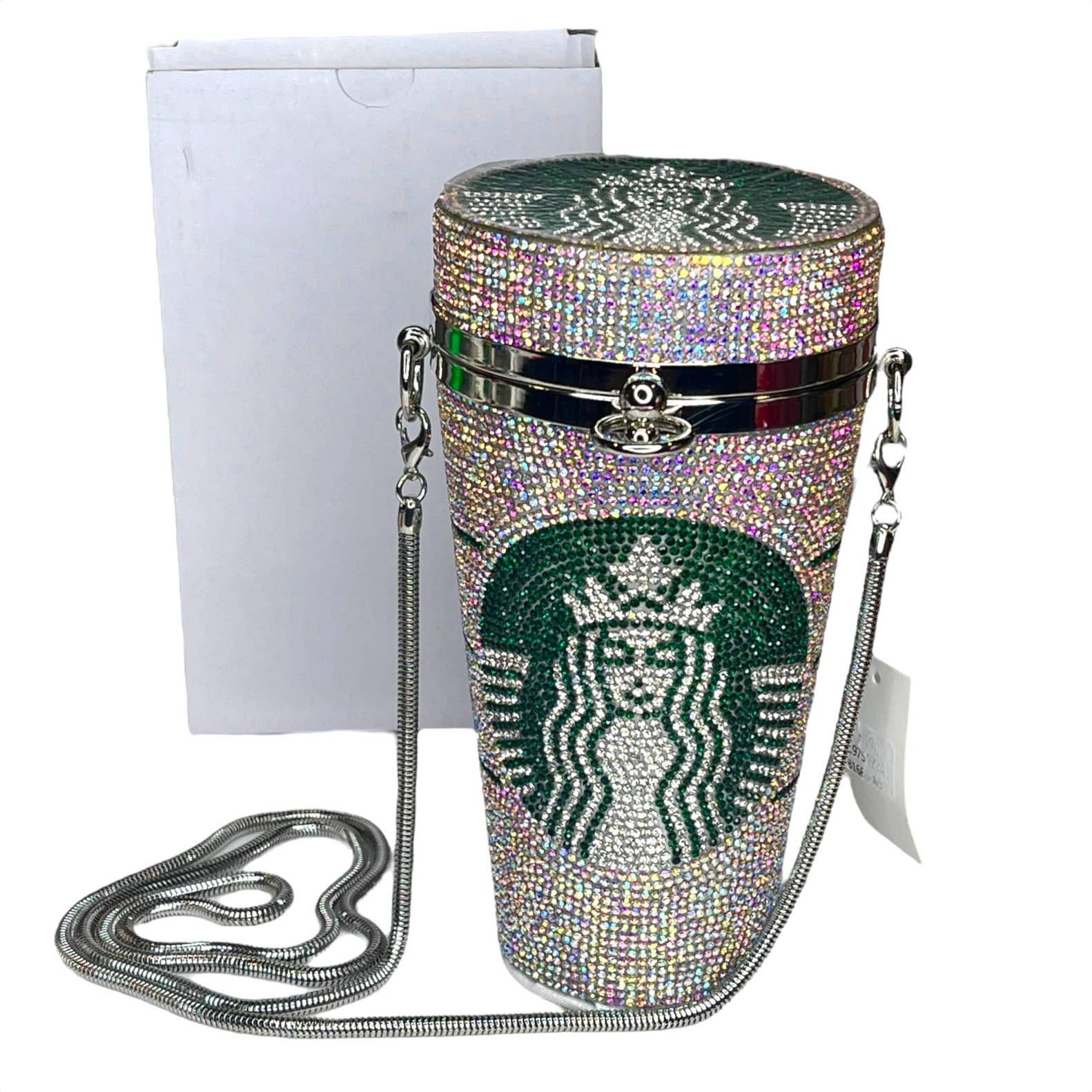 image of Vintage Starbucks Coffee Cup Ab Rhinestone Handbag Purse Bag Chain in Silver, Women's