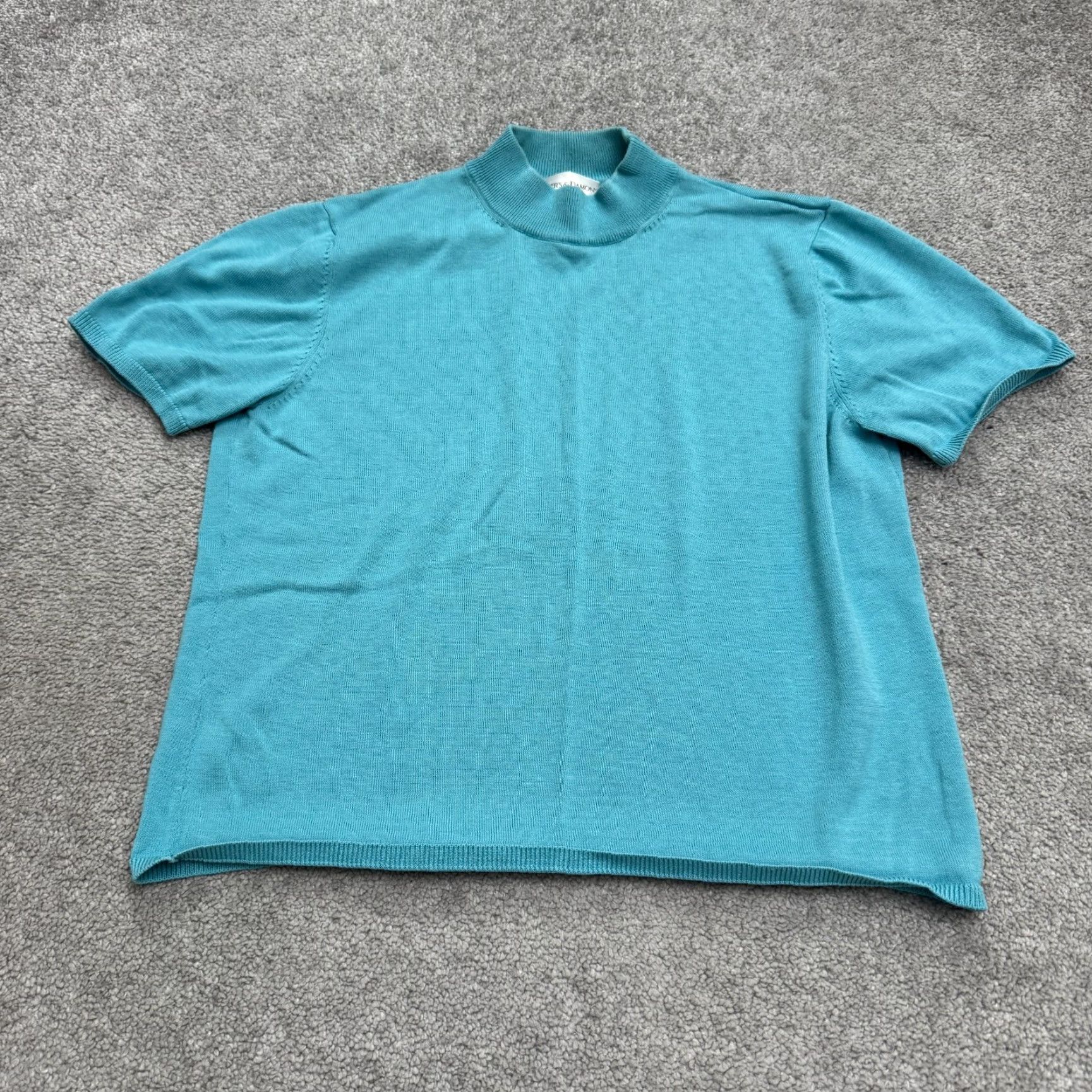 Vintage Draper's & Damon's Mock Neck Pullover Sweater Women L Blue Short Sleeve Knit Cotton Silk Casual Solid Modern Classic Autumn Winter Mens Womens Size L / US 10 / IT 46 - 2 Thumbnail