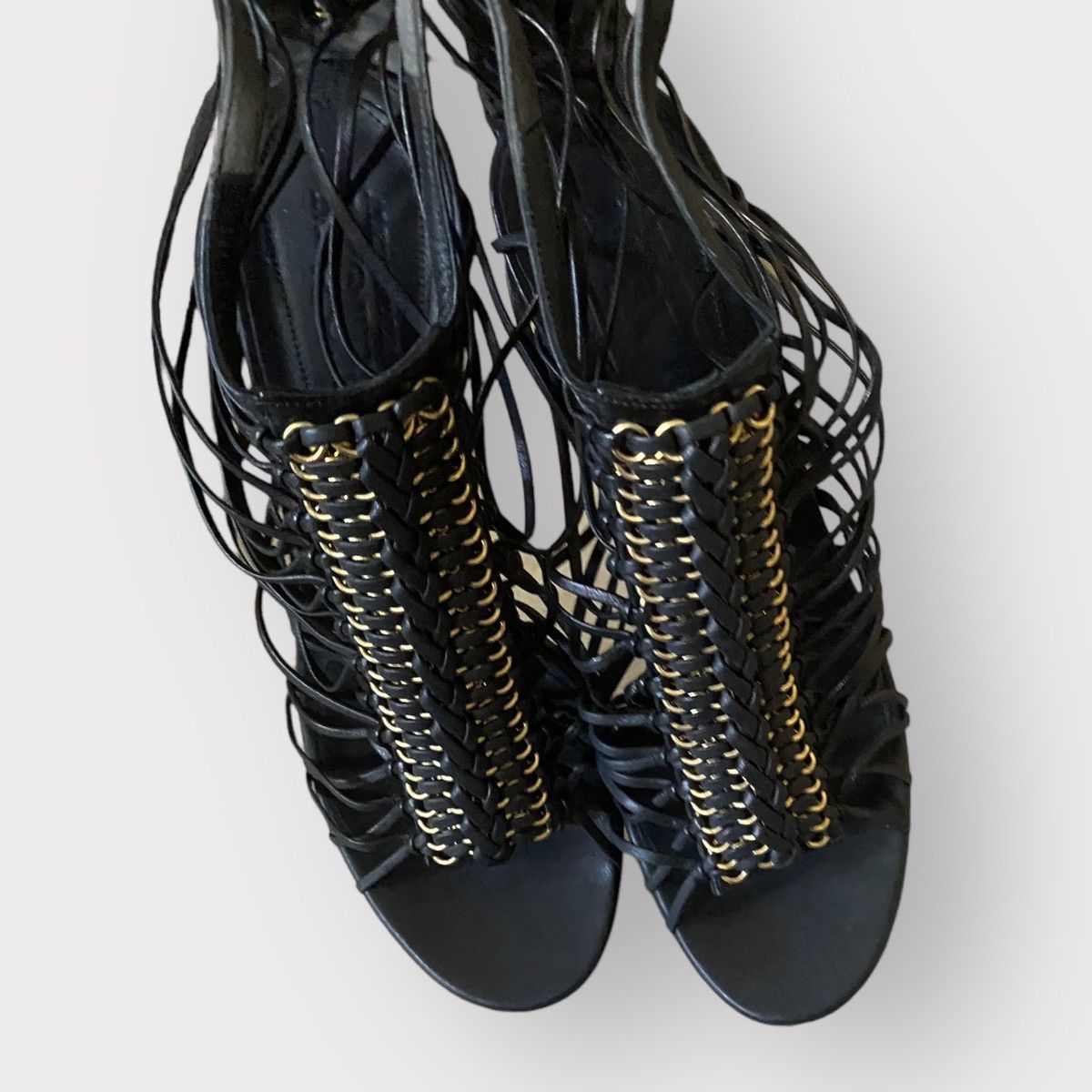 Alexander McQueen strappy platform black leather w/gold tone stiletto heels Size US 9 / IT 39 - 5 Thumbnail