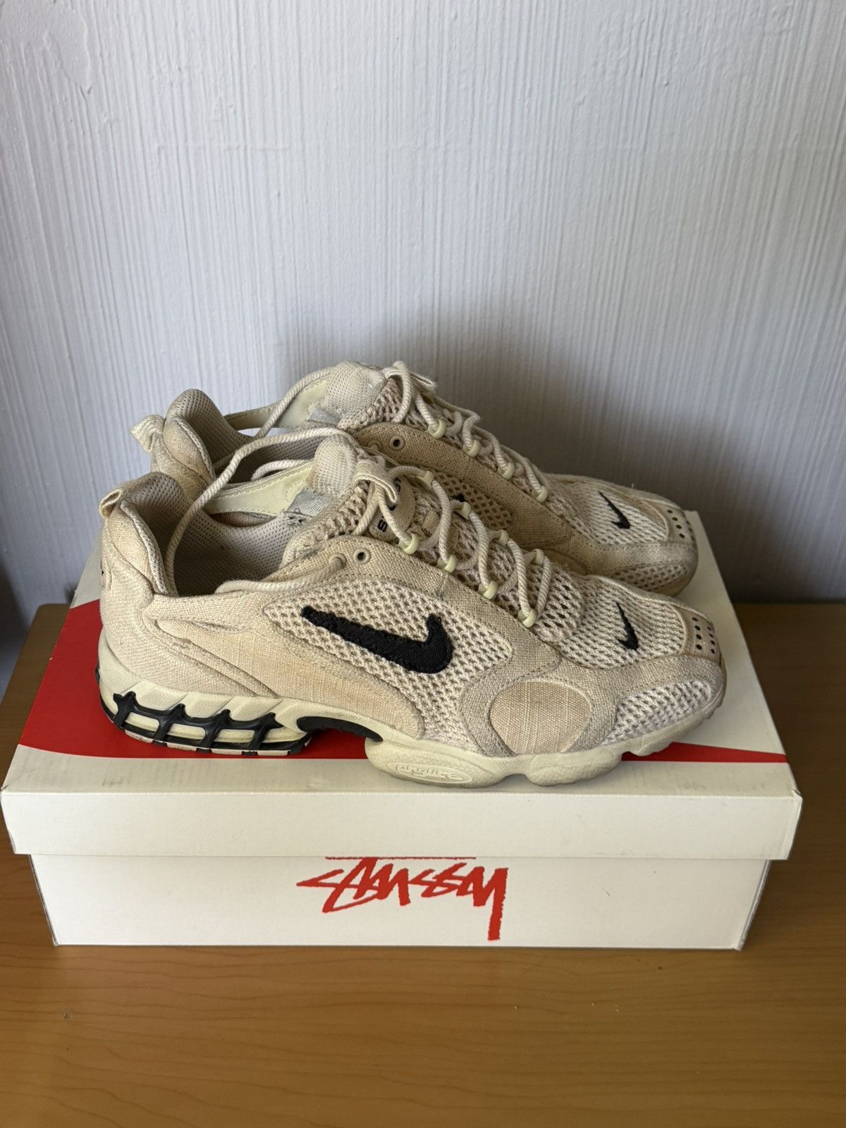Nike × Stussy Stussy X Nike Air Zoom Spiridon Caged 2 Fossil Size US 12 / EU 45 - 2 Thumbnail