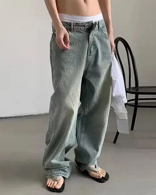 Jean Faded Wide Leg Jeans Size US 33 - 3 Thumbnail
