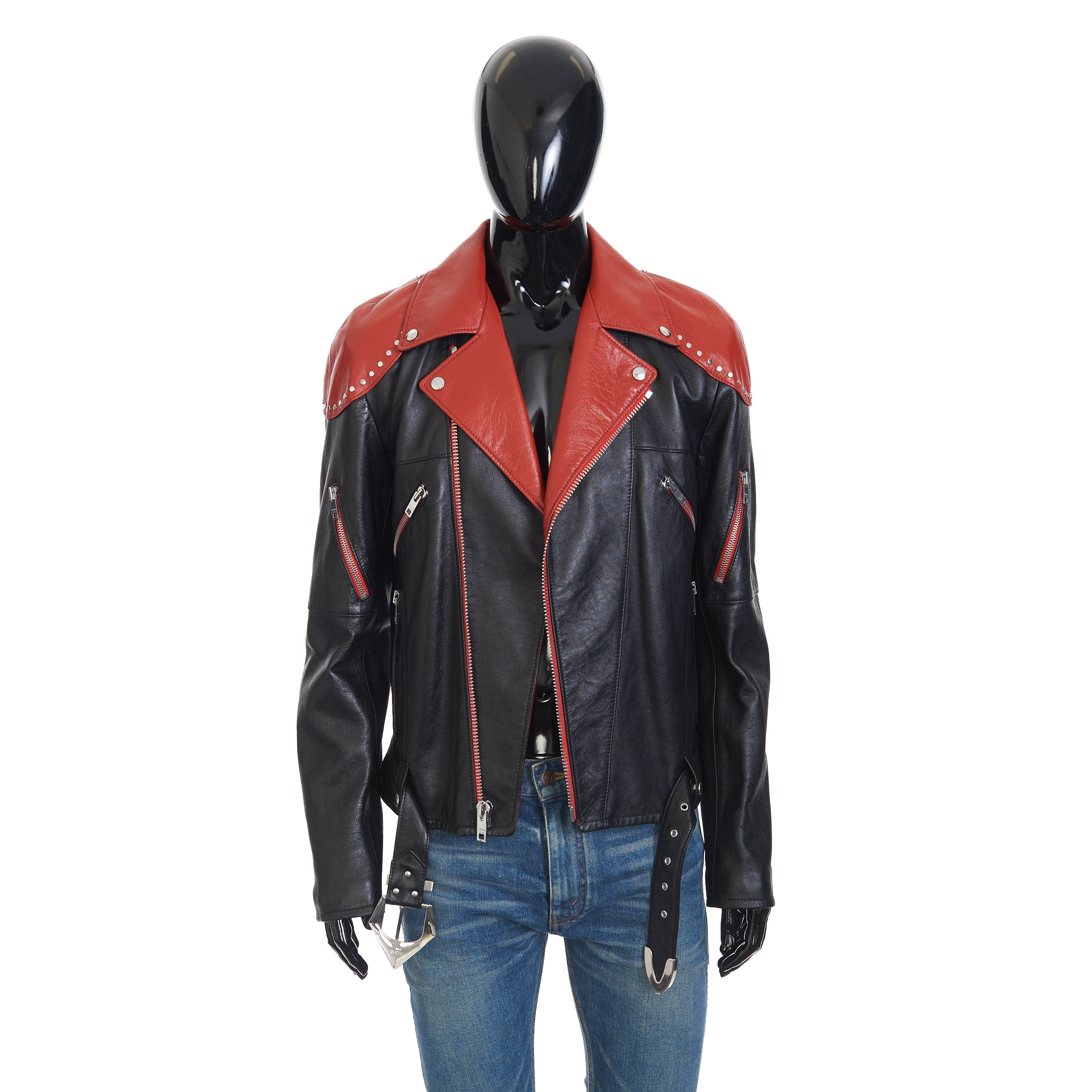 Celine Loose Fit Studded Biker Jacket In Black & Red Soft Lambskin Size US M / EU 48-50 / 2 - 1 Thumbnail