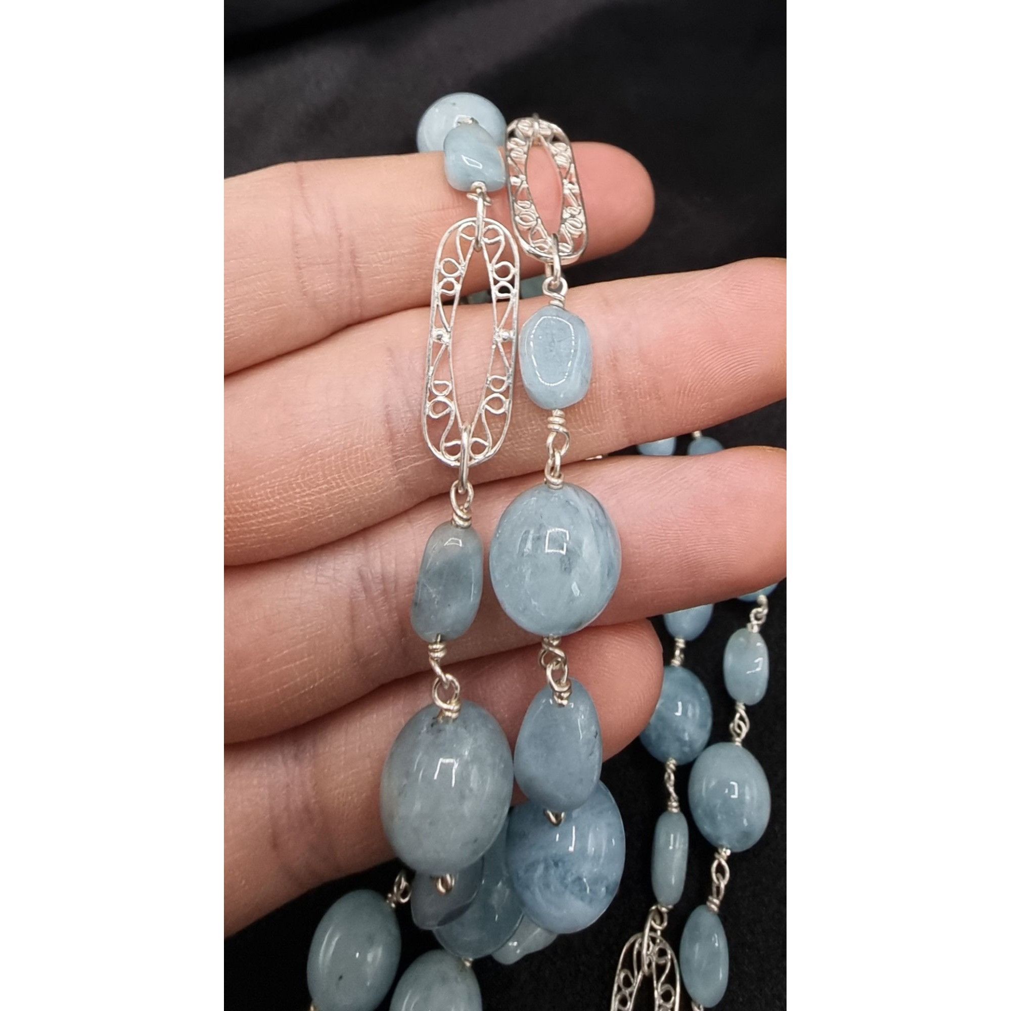 Vintage 925 Sterling Silver Aquamarine Beaded Necklace Signed BJ Chi Size ONE SIZE - 5 Thumbnail