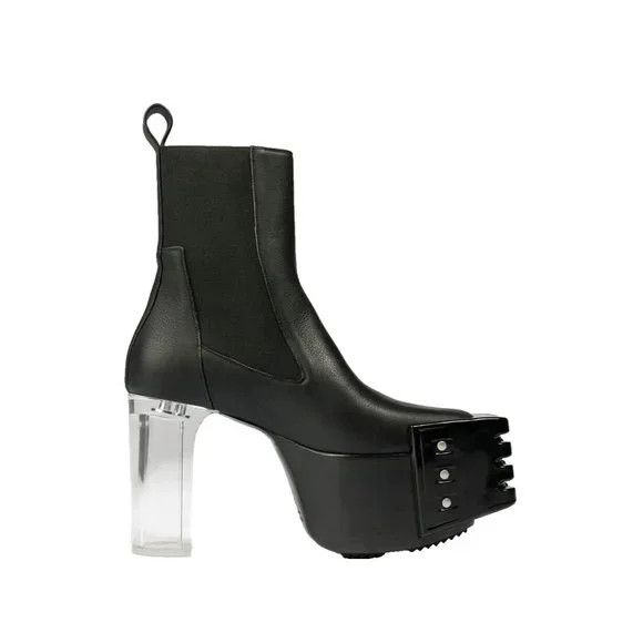 Pre-owned Rick Owens Clear Heel Shoes Grilled Platform Chelsea Boots 10.5 In Black