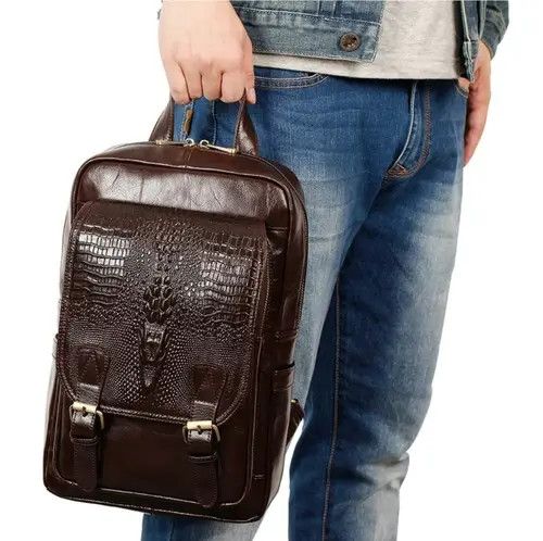 image of Crocodile Emboss Leather Backpack in Brown, Men's