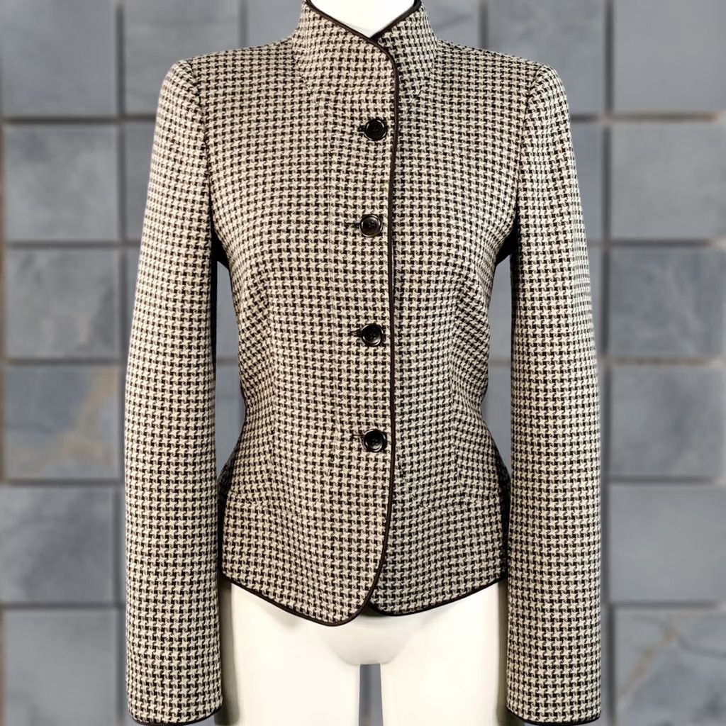 Armani ARMANI COLLEZIONI Brown Tan Wool Houndstooth Collarless Jacket Blazer Size 6 Women Size M / US 6-8 / IT 42-44 - 1 Thumbnail