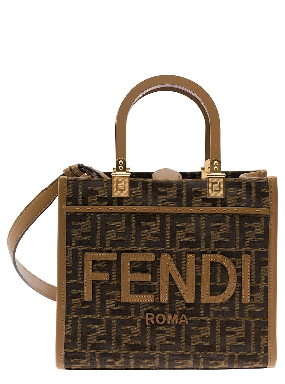 Fendi Sunshine Brown Small Tote Bag with FF Jacquard in Fabric and Leather for Women Size ONE SIZE - 1 Thumbnail