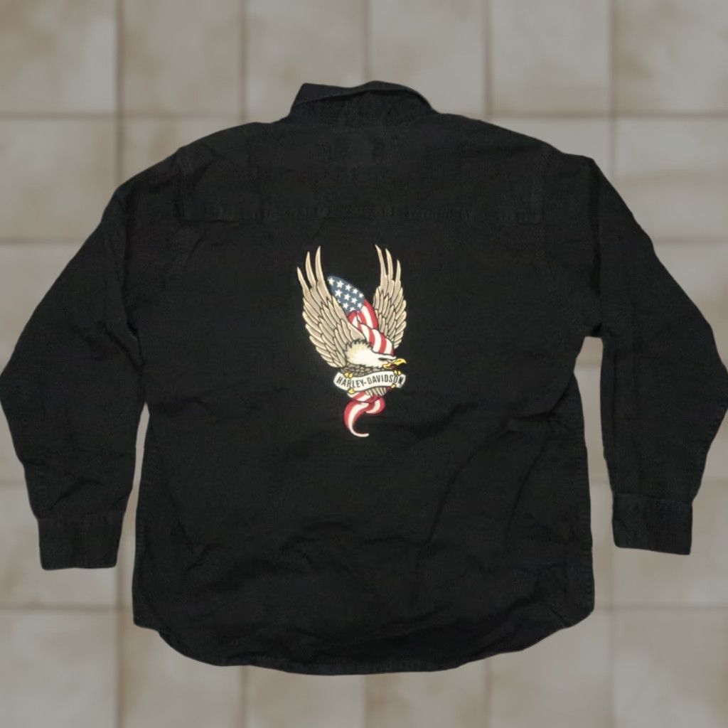 Harley Davidson VINTAGE Harley-Davidson Shirt Mens Large Black Eagle Patriotic USA Long Sleeve Button-Up Size US L / EU 52-54 / 3 - 1 Thumbnail