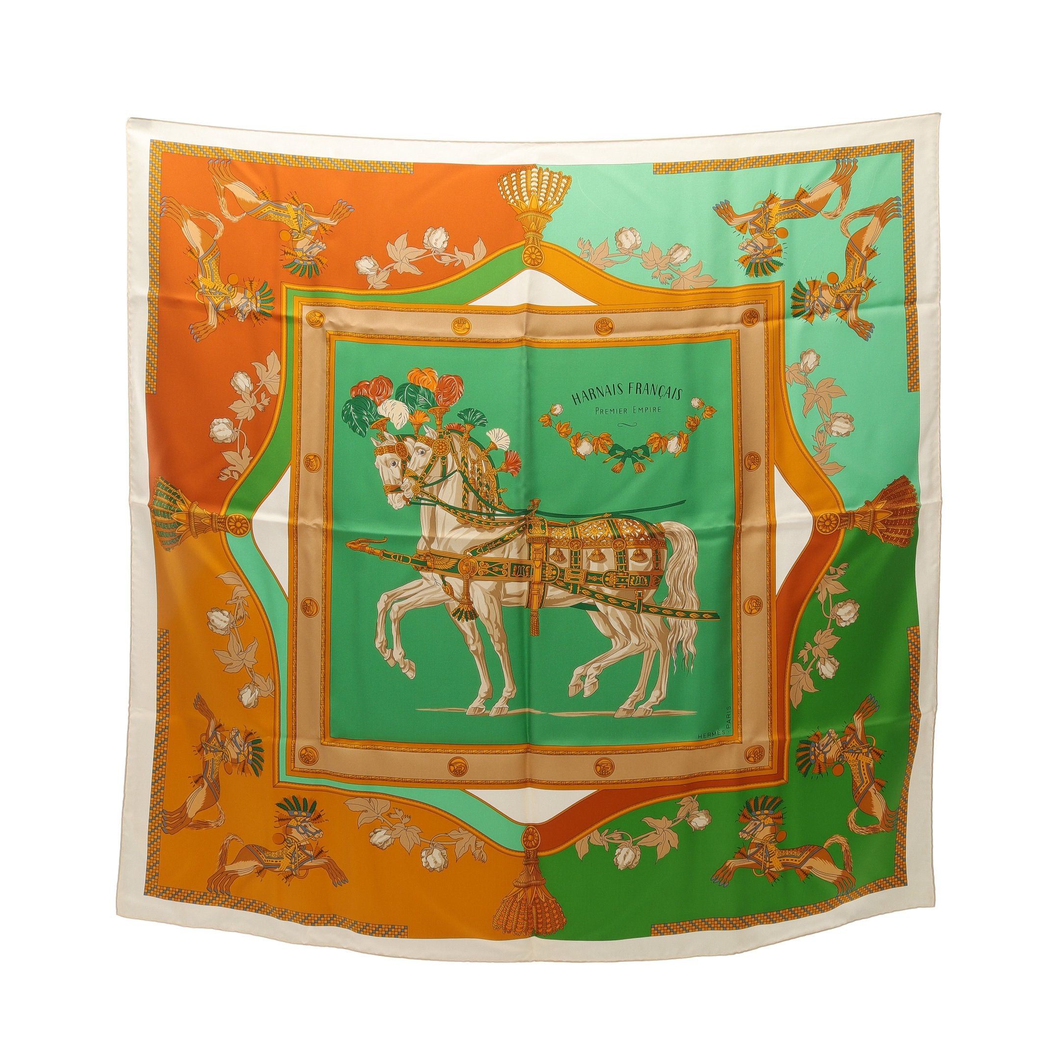 Hermes Hermes Carres 90 Harnais Francais Premier Empire Scarf Silk Light Green Multicolor Size ONE SIZE - 1 Thumbnail