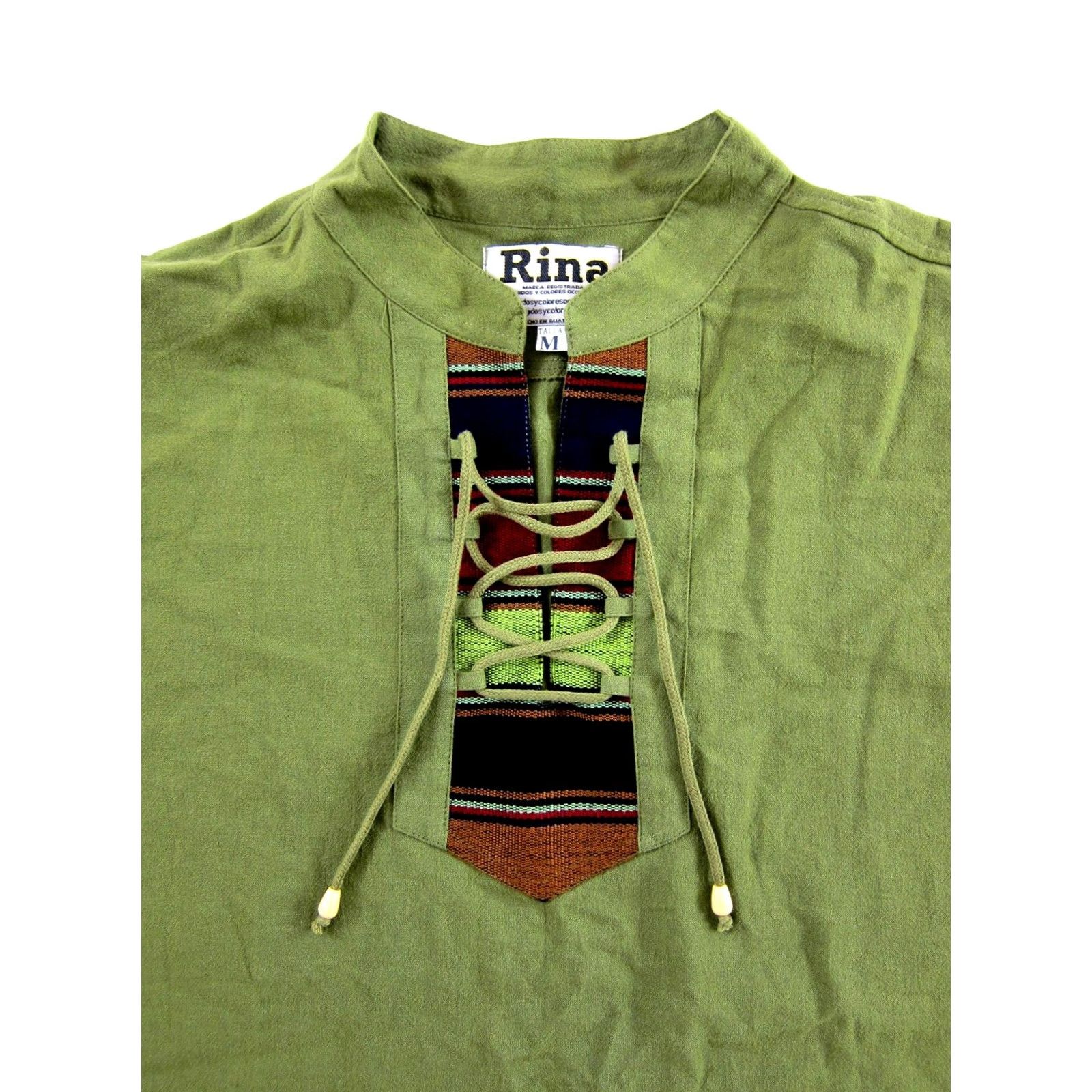 Olive VINTAGE Rina Shirt Men M Olive Green 100% Cotton Guatemala Hippie Short Sleeve Henley Neck Tie Casual Travel Vintage Fashion Size US M / EU 48-50 / 2 - 3 Thumbnail