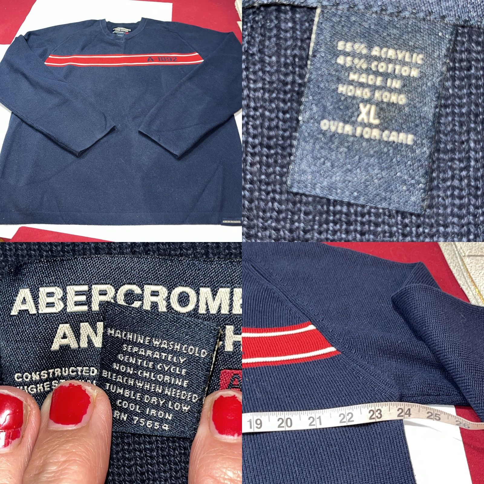 Abercrombie & Fitch VINTAGE Abercrombie & Fitch BLUE Sweater Red A-1892 STRIPE ACROSS chest Preppy Men XL Knit Pullover V-Neck 90s Size US XL / EU 56 / 4 - 8 Thumbnail
